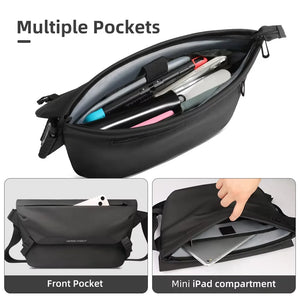 Black crossbody bag open view showing organizer pockets and mini tablet compartment