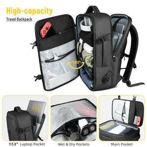 Black travel backpack with open organizer compartments and visible internal pockets.
