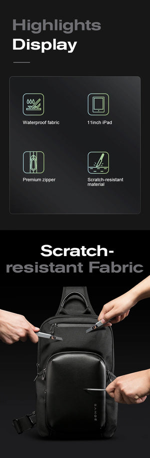 Scratch-resistant fabric and zipper detail shown on a compact crossbody bag