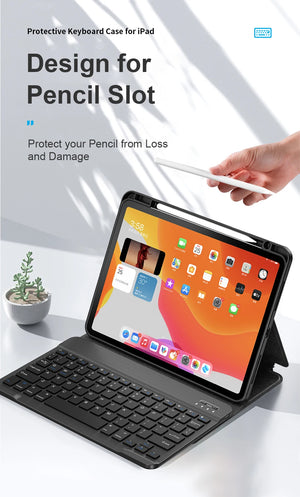 Black keyboard case for iPad with built-in pencil slot and detachable keyboard