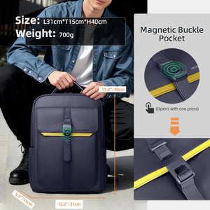 Navy waterproof backpack with front buckle pocket and yellow accent trim