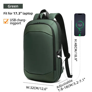 Green backpack with front panel, padded shoulder straps, and side USB charging port