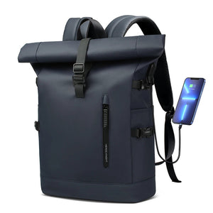 Dark roll-top waterproof backpack with built-in USB charging port and shoulder straps