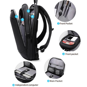 Black travel backpack with front pockets, main compartment, and separate laptop sleeve