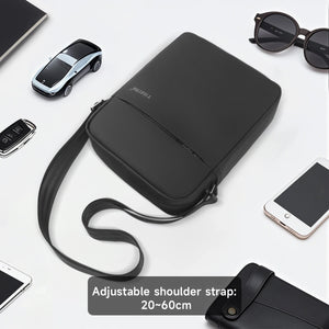Black crossbody bag with front flap, zip closure, and adjustable strap