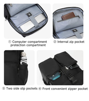 Black backpack interior with padded laptop sleeve, inner zip pocket, side slip pockets