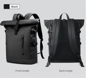Black roll-top waterproof travel backpack, front and back views with padded shoulder straps