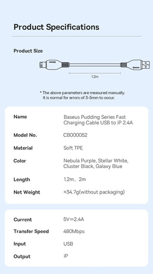 BASEUS Pudding Series 2.4A USB-A to Lightning Fast Charging Cable