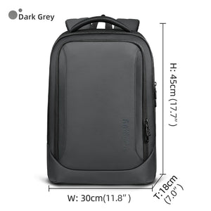 Dark grey waterproof travel backpack with front pocket and top carry handle