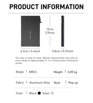 MR23 aluminum pop-up RFID card holder product info: size 6.2x10cm, 0.05kg
