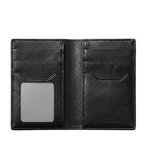 Black leather bifold card holder wallet with card compartments and clear ID slot.