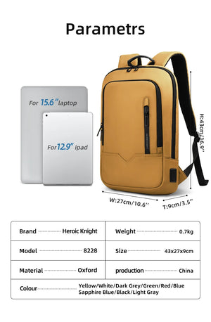 Compact waterproof backpack in yellow with black accents, front pocket, and USB port panel