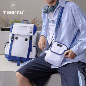 Blue and white waterproof detachable crossbody messenger backpack with front zip pockets