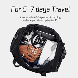 Open waterproof duffel bag showing clothing space and an interior zip pocket.