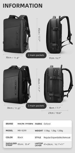 MARK RYDEN MR9299 Expandable Waterproof Travel Backpack with USB Charging Port