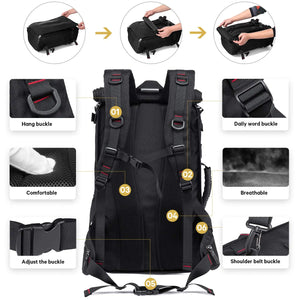 Black hiking backpack with padded back straps, buckles, and breathable mesh panel