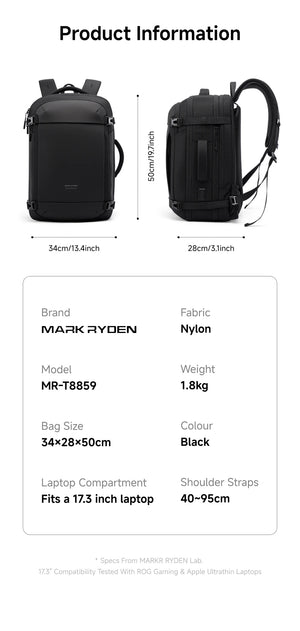Black waterproof business backpack product info view showing front and side dimensions and compartments.
