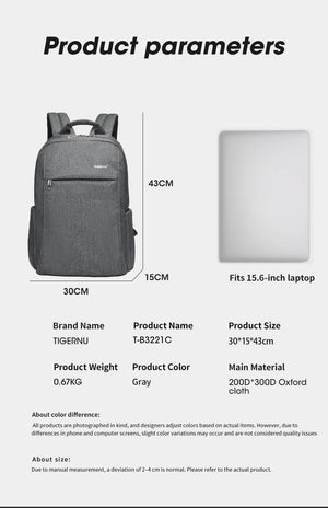 Grey compact backpack sized to fit 15.6-inch laptop with front zip pocket