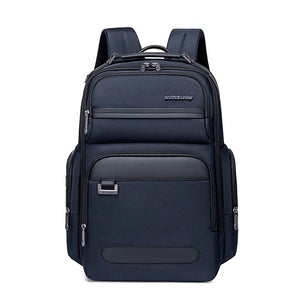 Blue waterproof travel backpack with front compartment, top handle, and side straps