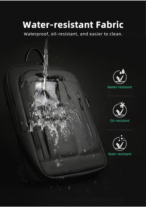 Black waterproof backpack with water-splash on fabric, plus front zip pockets