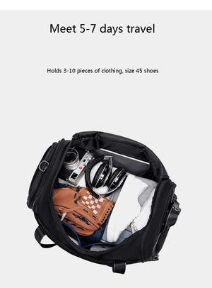 Open waterproof duffel bag with clothing storage, shoe compartment, and interior organizers.