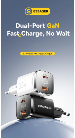ESSAGER 33W GaN USB Charger with Digital Display and PD Fast Charging - White