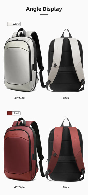 Travel backpack color display: white/black and red/black versions, front and back views