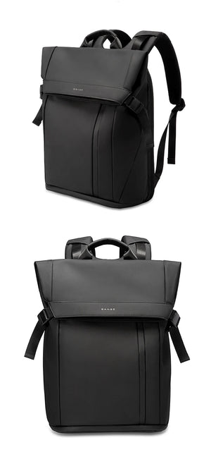 Black backpack with zippered front panels, top handle, and dangling side strap accents