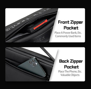 Black crossbody bag interior view with zippered compartments and organizer pockets