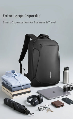 Black extra-large capacity travel backpack with front zip organizer and carry handles