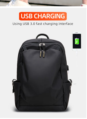 Black lightweight waterproof commuter backpack with USB charging port