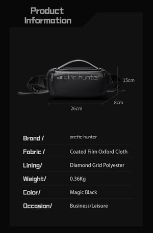 Black arctic hunter crossbody bag with product size diagram and front zipper