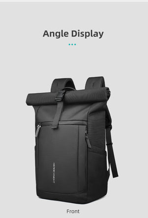 Black roll-top waterproof backpack front angle with side carry straps