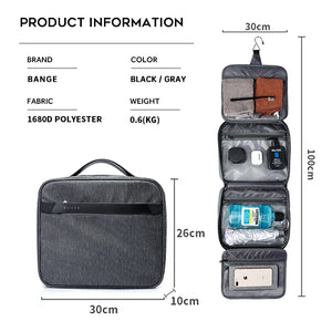 Collapsible waterproof toiletries bag in black/gray with hanging organizer compartments