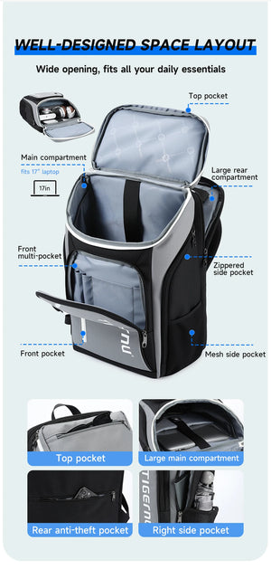 Grey and black travel backpack with multiple compartments and zippered pockets