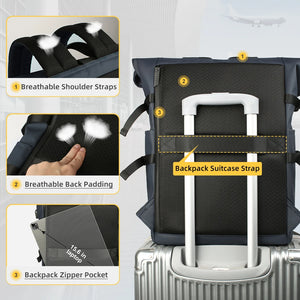 Dark backpack with breathable shoulder straps, padded back, and luggage trolley strap