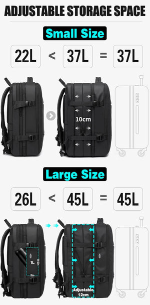 Expandable backpack size guide shows small and large storage configurations
