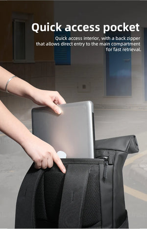Black roll-top backpack with quick-access front pocket opening with a hand