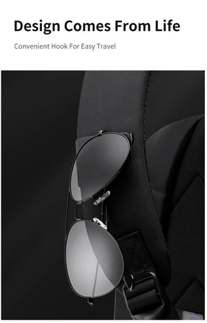 Black backpack with two secured side cup holders and hook strap fastening