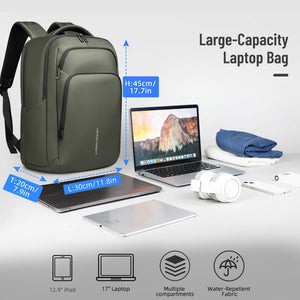 Green large-capacity laptop backpack with front organizer pocket and zippers