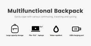 Green multifunction commuter backpack with USB charging port icon and laptop size graphic