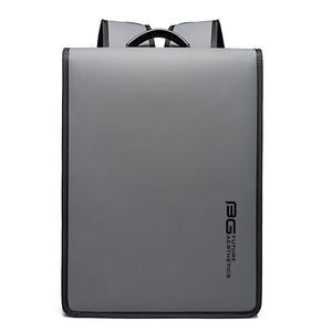 Grey compact waterproof laptop backpack with top handle and front logo