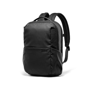 Black compact waterproof laptop backpack with top handle and padded shoulder straps