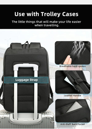 Black waterproof travel backpack with luggage strap and anti-theft back pocket