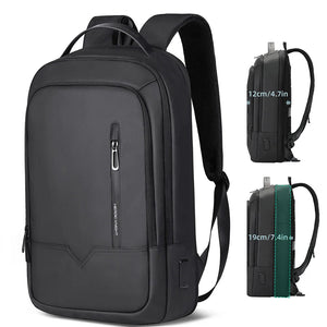 Black compact waterproof backpack with front vertical zipper pocket and top handle