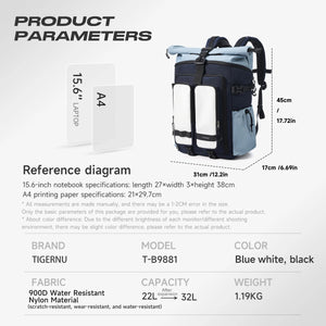 Large roll-top travel backpack in blue and navy with front organizer panels and straps
