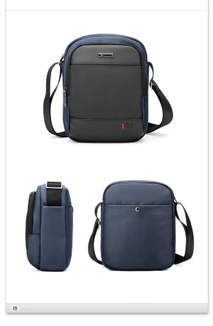 Blue compact waterproof messenger bag with front pocket and curved zip pulls