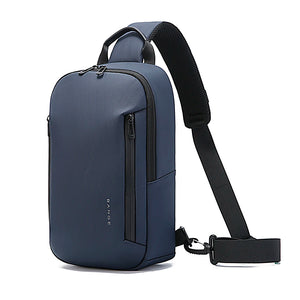 Lightweight waterproof crossbody bag, blue, side profile with front zip detail