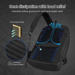 Black backpack with ventilated back panel padding and multiple internal compartments