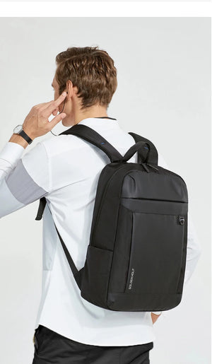 Black lightweight backpack with padded back panel and adjustable shoulder straps